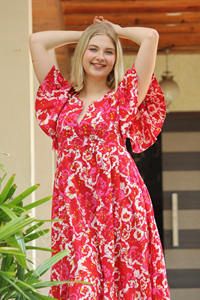 Vestido de Mujer de Algodón 100% Suave, Cuello en V, Estampado Floral Hecho a Mano, Ecológico, Lavable, de Manga Corta, Hasta la Rodilla, para Exteriores - Product Image 6