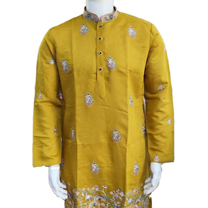 ซื้อตอนนี้ผ้าไหมเฟนดี้สีเหลืองสดใสปักทั้งสองด้านทำงานแขนเต็มรูปแบบ Kurta แบบดั้งเดิมในอัตราการขายส่ง - Product Image 1