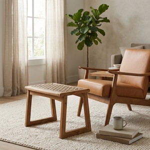 Modern Solid <b>Wood</b> Woven Ottoman Rattan Seat Footstool Accent Stool <b>Bench</b> For Living Room Lounge Setup Art Design Pure Setup - Product Image 3