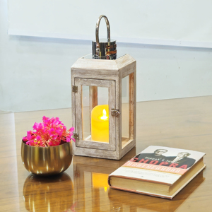 Farol Rústico de Madera con Paneles de Vidrio y Asa de Metal, Portavelas Decorativo para Uso en Interiores y Exteriores - Product Image 4