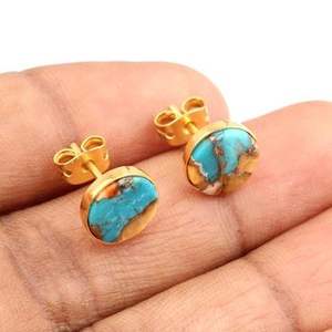 ต่างหูเม็ดเล็กสีเงินสเตอร์ลิงอินเทรนด์ทำด้วยมือชุบทองทองแดงหอยนางรมสีเทอร์ควอยซ์อัญมณีสำหรับงานเลี้ยงแต่งงานเพศ - Product Image 3