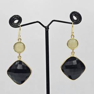 925 Sterling Silver Natural Gold Plated Handmade <b>Dangling</b> <b>Earring</b> Cushion Cut <b>Black</b> Onyx Aqua Chalcedony Gemstone Classic Style - Product Image 1