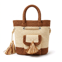 Sac fourre-tout de plage décontracté en raphia tressé fait main avec nœud à pompons, ouverture supérieure, deux poignées, pour voyage et usage quotidien, luxe