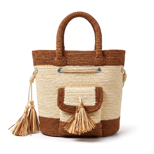 Handmade <b>Raffia</b> Woven Casual Beach <b>Tote</b> Bag with Tassel Bow Open Top Two Handles for Travel & Daily Use Luxury - Product Image 1