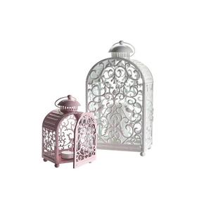 Lanterne de couleur rose et blanche en fer, ensemble de deux lanternes de tailles différentes pour la décoration de mariage - Product Image 1