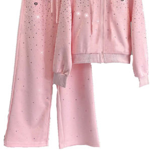Wholesale <b>Pink</b> Allover Rhinestone Breathable Tracksuit Oversize Hoodie Flared Sweatpants Two Piece Set Custom Manufacturer OEM - Product Image 4