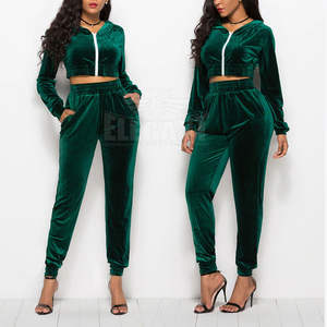 Fashion Women's Sweatpants and Hoodie Set Zipper Crop Top Velvet Jogging Suit <b>Velour</b> <b>Tracksuits</b> Two Piece Set Women Clothing - Product Image 3