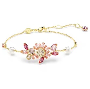 Pulsera de flores rosas de lujo con piedras cultivadas en laboratorio de champán, perlas de cristal, acabado dorado, proveedor de joyas, oferta al por mayor - Product Image 1