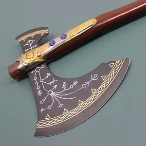 Hache viking artisanale avec manche en bois de frêne gravé et fourreau en cuir avec gravure sur la tête - Product Image 3
