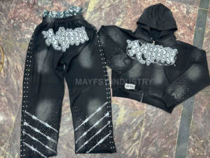 Venta al por mayor de chándal unisex de alta calidad 100% algodón cremallera completa diamantes de imitación bordado sol desteñido lavado con ácido tendencia sol desteñido - Product Image 4