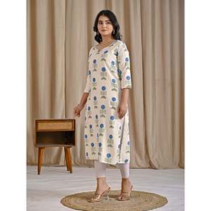 Kurti Recto de Algodón y Yute con Estampado Butta Blanco y Azul, Bufanda y Chal Étnicos - Product Image 5