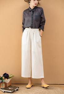 Pantalones de pierna ancha informales clásicos Vintage para mujer para Primavera Verano cintura alta recta con tejido natural disponible en Tallas grandes - Product Image 4