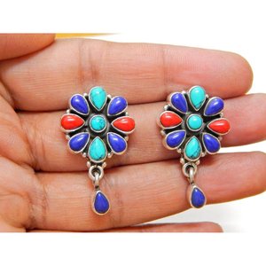 Pendientes de tuerca finos de Plata de Ley 925 hechos a mano, piedra preciosa de lapislázuli de Coral turquesa Natural para regalo - Product Image 4