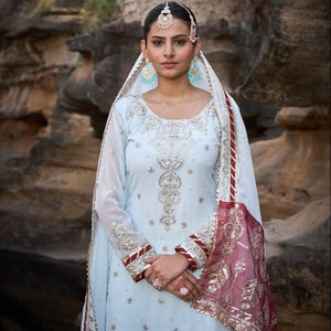 Beautiful Party Wear Top-sharara y Dupatta con hilo con Secuencia con remache Moti con encaje elegante Boeder - Product Image 1