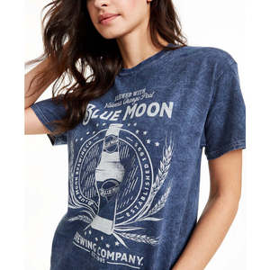 T-shirt da donna in cotone blu stile vintage autentico, taglia XS, con grafica a luna, colletto con fiocco e logo decorativo, in tessuto jersey traspirante - Product Image 3