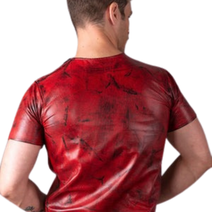 T-shirt en cuir rouge vieilli effet faux cuir pour homme, style clubwear fétiche, col rond, haut tendance - Product Image 4