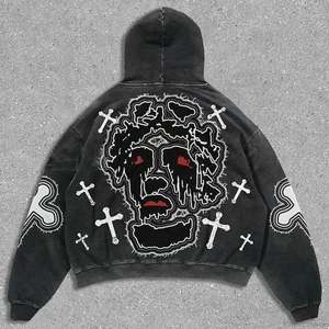 500GSM Heavyweight Y2K Streetwear Hoodie Acid Wash Cross Graphic Boxy Fit Oversized <b>Men</b> Sweatshirt <b>Pullover</b> Custom hoodies - Product Image 2