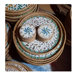 Plateau de service en rotin haut de gamme avec incrustation de nacre, plateau décoratif fait à la main pour la décoration intérieure - Product Image 2