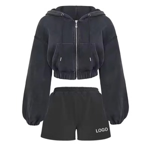 Conjunto de 2 piezas de algodón con cremallera en blanco recortada en blanco con hombros caídos para mujer, sudadera con pantalones de chándal, sudaderas con capucha en blanco de gran tamaño - Product Image 4