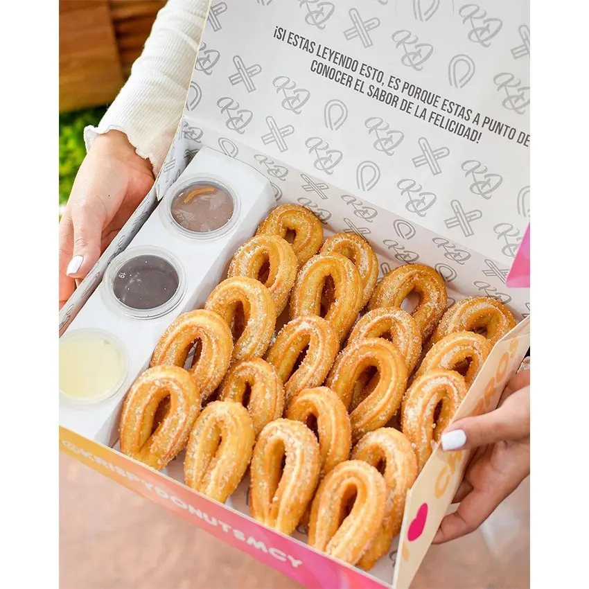 Biểu tượng tùy chỉnh thiết kế CHURROS Hộp bao bì với Dip cup, cấp thực phẩm tông Snack CHURROS bao bì kẹo bánh hộp