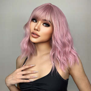 DWY <b>WIGS</b> <b>14</b> <b>Inch</b> Short Pink Wavy Curly <b>Wig</b> with Bang US Only Lace Front <b>Wigs</b> with Transparent Lace Color - Product Image 4