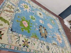 Handmade Blue Oushak Wool <b>Rug</b> Modern Boho Turkish Floral Design Carpet Soft Pastel Color Decor Area <b>Rugs</b> Tapis Set - Product Image 4