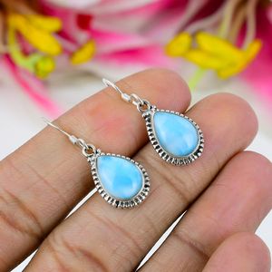 Pendientes colgantes clásicos de Plata de Ley 925, joyería fina de piedras preciosas Larimar para compromiso o aniversario - Product Image 2
