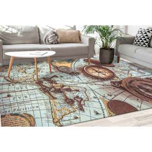 Tapis Antique Carte du Monde : Tapis Imprimé Design Boussole Vintage, Tapis Doux à Poils Longs - Product Image 1