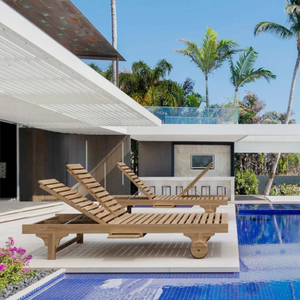 Chaise longue moderne en teck double réglable avec coussin et roulettes pour la piscine, la cour et la villa, utilisation en extérieur - Product Image 1