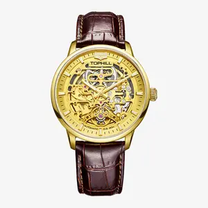 Tophill marque classique en cuir de luxe de haute qualité montre automatique mécanique étanche squelette montre-bracelet