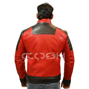 Blouson en cuir véritable rouge et noir pour homme, style motard avec empiècements contrastants, col montant et fermeture éclair de qualité supérieure - Product Image 6