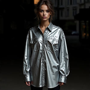 Camisa de Cuero Genuino con Botones y Piel Sintética, Estilo Vintage, Holgada, para Mujer, Ecológica, Estilo Urbano - Product Image 1