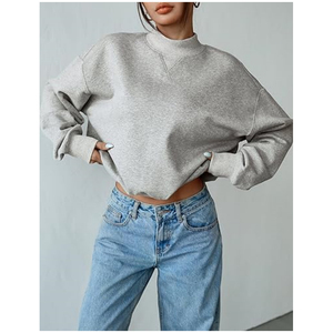 Sudadera holgada para mujer, suéter de lana, bordado personalizado, hombro caído recortado, Sudadera con cuello simulado para mujer - Product Image 4