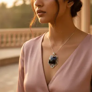 Women's 925 Silver Pendant with Black <b>Onyx</b> Geometric 18K Gold and Diamond Quartz Box Chain for Engagement Gemstone Jewelry - Product Image 1