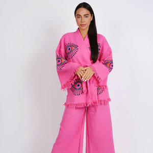 2024 vente chaude été femmes à la main broderie mauvais œil enveloppement coton maison porter ensemble Kimono Robe - Product Image 1