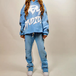 2024 Streetwear <b>Patch</b> Distressed Embroidered Sweatpants and Hoodie Set Sun Faded Acid Washed Tracksuit Breathable Custom - Product Image 6