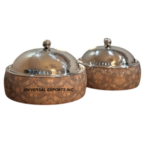 Ensemble de deux casseroles en métal et en bois de qualité supérieure faites à la main classique élégant chauffe-plats en métal fantaisie - Product Image 3