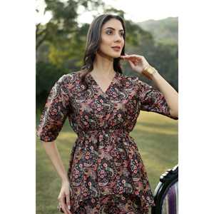 Conjunto Casual con Estampado Floral Paisley, Top con Cuello en V y Peplum, Pantalones de Corte Recto, Transpirable, Veraniego, Estilo Contemporáneo sin Esfuerzo - Product Image 6