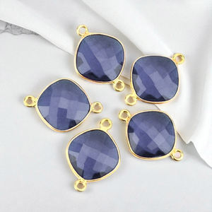 เบาะพลอยแซฟไฟร์แบบทำมือแบบเหลี่ยมเพชรพลอยเสน่ห์ขั้วต่อแบบ DIY สองชั้นประดับอัญมณีชุบทอง - Product Image 1