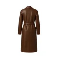 Manteau long en cuir marron avec ceinture à nouer à la taille