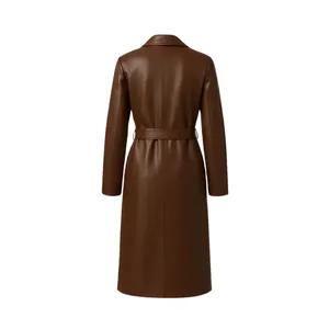 <b>Brown</b> Long Leather Coat with Belted Waist <b>Tie</b> - Product Image 2