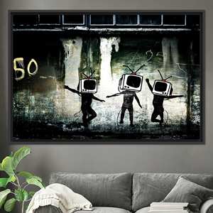 Printed Canvas Wall Art - Banksy Dancing TV Design,BLACK <b>FRAMED</b> CANVAS - Product Image 1