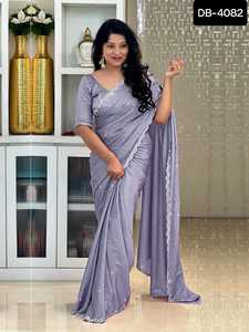 Sari de Seda Barbari de Diseño Moderno para Mujer con Pedrería de Diamantes para Fiestas y Festivales, Sari Elegante para Mujer - Product Image 4