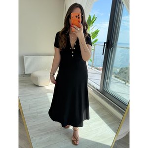 Robe longue en modal à manches courtes pour femme avec détails boutonnés sur les deux côtés, 37293 - Noir - Product Image 6