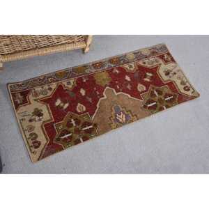 Classic Large Area Traditional Turkish Rug <b>Red</b> Beige Vintage Style 1.3x3.3ft Rectangle Patchwork Pattern <b>Wool</b> 10mm Latex - Product Image 2