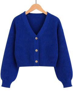 Manufacture Customized <b>Women</b> <b>Royal</b> <b>Blue</b> Ribbed Knit Cropped <b>Cardigan</b> Sweater Long Sleeve V Neck Button Casual Winter Fashion - Product Image 1