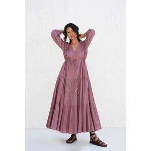 Robe longue bohème pour femme, col en V, taille naturelle, à volants, manches à cordon, décontractée, été, ethnique, 100% coton - Product Image 2