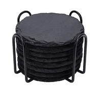 Lot de 4 sous-verres classiques noirs antidérapants en pierre d'ardoise écologique 10x10 cm avec support métallique personnalisé pour cuisine