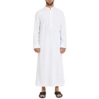 Jubah Islami Pria Kasual Longgar Kerah V Lengan Panjang Sepanjang Lutut 2 Saku Samping Kantong Ponsel Dalam Bahan Katun Bernapas