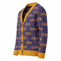 Cardigan en tricot sur mesure pour fraternité universitaire, motif grec complet, col en V, boutonné, vente en gros